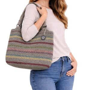 The Sak Crochet Belle Voyager Hobo Shoulder Purse Multi Stripe Woven Bag